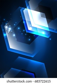 Techno glowing glass hexagons vector background, futuristic dark template with neon light effects and simple forms
