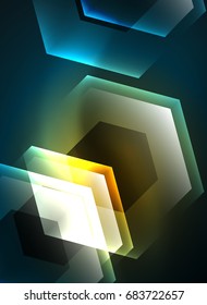 Techno glowing glass hexagons vector background, futuristic dark template with neon light effects and simple forms