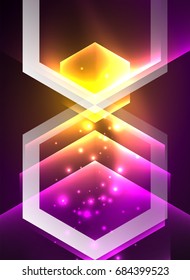 Techno-Gläserhexagons, Vektorhintergrund, futuristische dunkle Vorlage mit Neonlicht-Effekten und einfachen Formularen