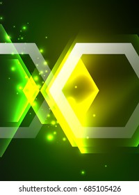 Techno brilhante hexágonos de vidro vetor fundo, futurista modelo escuro com efeitos de luz neon e formas simples