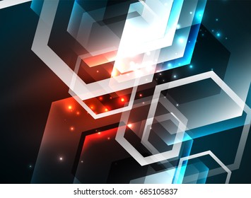 Techno glowing glass hexagons vector background, futuristic dark template with neon light effects and simple forms