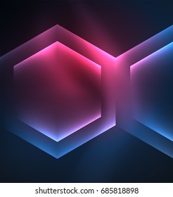 Fondo vectorial de hexágonos de vidrio brillante Techno, plantilla oscura futurista con efectos de neón y formas simples