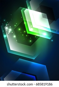 Techno glowing glass hexagons vector background, futuristic dark template with neon light effects and simple forms