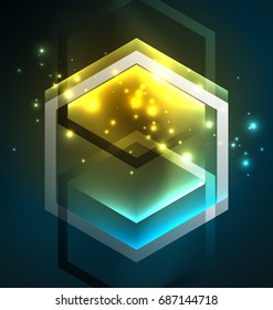 Techno glowing glass hexagons vector background, futuristic dark template with neon light effects and simple forms