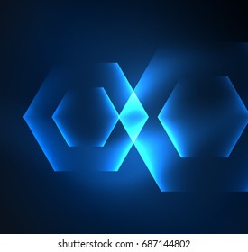 Techno glowing glass hexagons vector background, futuristic dark template with neon light effects and simple forms