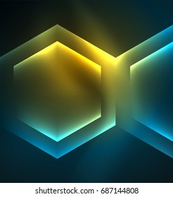 Techno glowing glass hexagons vector background, futuristic dark template with neon light effects and simple forms