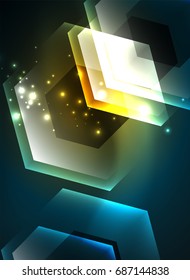 Fondo vectorial de hexágonos de vidrio brillante Techno, plantilla oscura futurista con efectos de neón y formas simples