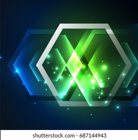 Techno glowing glass hexagons vector background, futuristic dark template with neon light effects and simple forms
