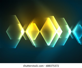 Fondo vectorial de hexágonos de vidrio brillante Techno, plantilla oscura futurista con efectos de neón y formas simples