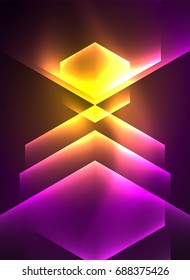 Techno glowing glass hexagons vector background, futuristic dark template with neon light effects and simple forms
