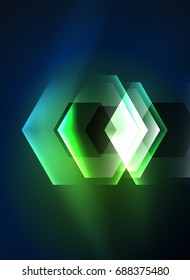 Techno glowing glass hexagons vector background, futuristic dark template with neon light effects and simple forms