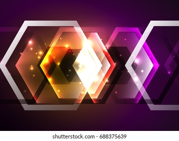 Techno glowing glass hexagons vector background, futuristic dark template with neon light effects and simple forms