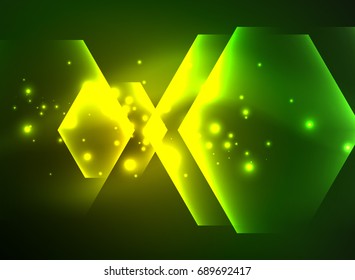 Techno glowing glass hexagons vector background, futuristic dark template with neon light effects and simple forms