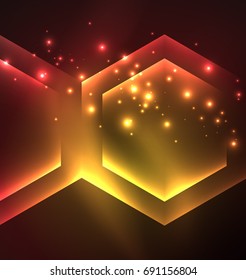 Fondo vectorial de hexágonos de vidrio brillante Techno, plantilla oscura futurista con efectos de neón y formas simples