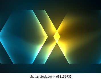 Techno glowing glass hexagons vector background, futuristic dark template with neon light effects and simple forms