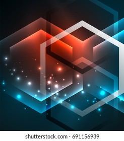 Techno glowing glass hexagons vector background, futuristic dark template with neon light effects and simple forms
