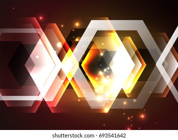 Techno glowing glass hexagons vector background, futuristic dark template with neon light effects and simple forms