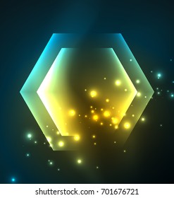 Techno glowing glass hexagons vector background, futuristic dark template with neon light effects and simple forms