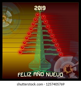 Techno Happy 2019. Technologic Christmas tree. Vector illustration of 2019 new year greetings. All elements sorted and grouped. Spanish version.