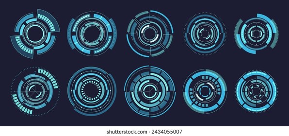 Conjunto de vectores de círculos de alta tecnología. Tecnología De Vanguardia En Un Diseño Moderno Y Futurista. Interfaz De Usuario De Hud Brillante