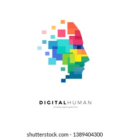 Techno human head vector logo concept illustration. Colorful pixel human head logo template. Digital modern innovation technology symbol.  