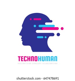 Techno Human Head Vector Logo Concept Illustration. Creative Idea Sign. Learning Icon. People Computer Chip. Innovation Technology Symbol. Digital Modern Communication. Manager.