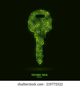 techno key glowing green on dark background