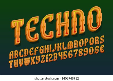 Techno letters with numbers and currency signs. Urban orange 3d font. Isolated english alphabet.