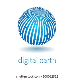 Techno Logo. Vector Earth Globe, Symbol Of Social Network. Communication, Progress And High Technology. White Stripes On Blue Circle.