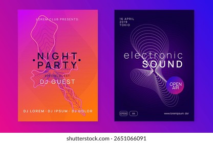 Revista Techno. Fest Event. Cartaz de festa violeta. Capa Eletro. Gráfico de Concerto do Night Club. Ilustração da rádio Soundwave. Banner Do Dj Verde. Revista Pink Techno