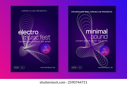 Techno Magazine. Sound Background. Nightclub Disco Illustration. Violet Night Club Flyer. Dj Concert Element. Green Music Set. Festival Invite. Blue Techno Magazine