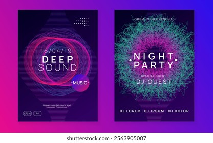 Techno Magazine. Soundwave Beat Invitation. Violet Party Design. Electro Vector. Green Dance Event. Edm Flyer. Night Club Trance Template. Blue Techno Magazine