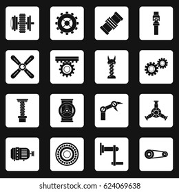 Techno mechanisms kit icons set in white squares on black background simple style vector illustration