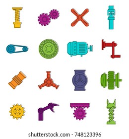 Techno mechanisms kit icons set. Doodle illustration of vector icons isolated on white background for any web design