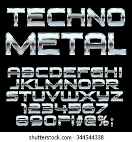 Techno metal style letters and symbols . Font for design. Vector eps10.