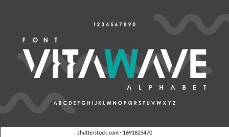 Techno minimal classic sport modern techno wave typeface typo typography alphabet fonts and number, uppercase lowercase. Vector illustration.