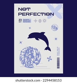 Techno minimalistic poster with a dolphin silhouette above the sphere. Futuristic Y2K style.