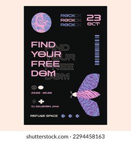 Techno minimalistic poster for a rock party in a futuristic trendy style.