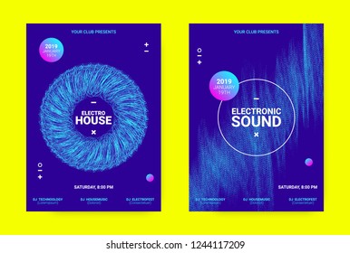 Techno Music Banner. Sound Flyer Concept. Equalizer Vector Design with Amplitude of Distorted Lines. Wave Banner in Blue Color for Electronic Dance Event. Dj Party Promotion Minimal Banner.