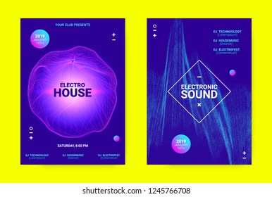 Techno Music Banner. Sound Flyer Concept. Equalizer Vector Design with Amplitude of Distorted Lines. Wave Banner in Blue Color for Electronic Dance Event. Dj Party Promotion Minimal Banner.