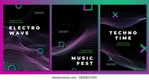 Techno music party posters. Club flyer, electronic dj festival design. Flow sound waves, rock house musical event recent vector background