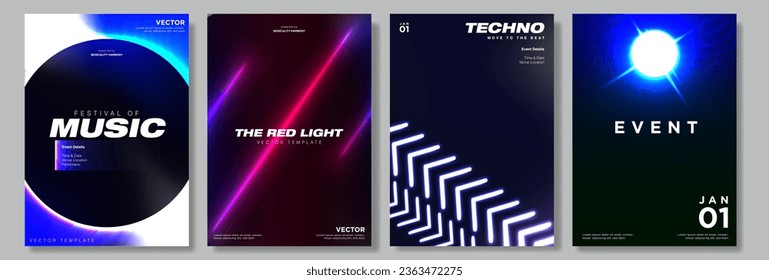 Techno Music Party posters. Colorful neon concert festival poster layout templates. Bright Neon background set. Vector Illustration. 