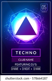 Techno music poster. Electronic club deep music. Musical event disco trance sound. Night party invitation. DJ flyer poster