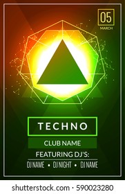 Techno music poster. Electronic club deep music. Musical event disco trance sound. Night party invitation. DJ flyer poster