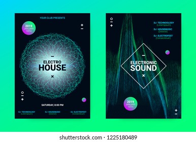 Techno Music Poster. Wave Flyer for Dance Event Promotion. Banner for Techno Sound Performance. Electronic Equalizer Concept and Amplitude of Distorted Lines. Announcement of Techno Music Night Party.