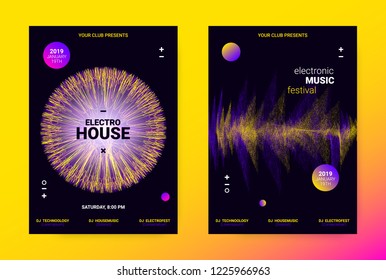 Techno Music Poster. Wave Flyer for Dance Event Promotion. Banner for Techno Sound Performance. Electronic Equalizer Concept and Amplitude of Distorted Lines. Announcement of Techno Music Night Party.
