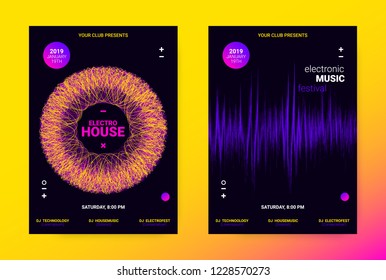 Techno Music Poster. Wave Flyer for Dance Event Promotion. Banner for Techno Sound Performance. Electronic Equalizer Concept and Amplitude of Distorted Lines. Announcement of Techno Music Night Party.