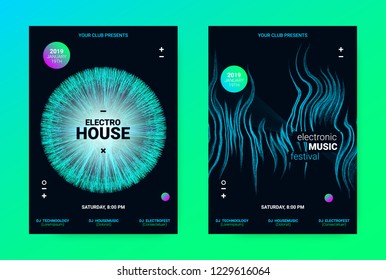 Techno Music Poster. Wave Flyer for Dance Event Promotion. Banner for Techno Sound Performance. Electronic Equalizer Concept and Amplitude of Distorted Lines. Announcement of Techno Music Night Party.