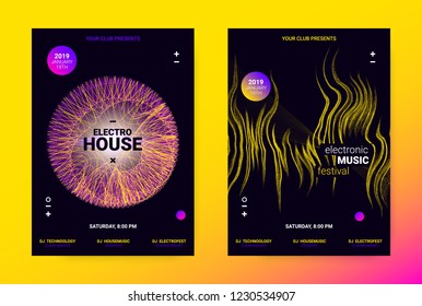 Techno Music Poster. Wave Flyer for Dance Event Promotion. Banner for Techno Sound Performance. Electronic Equalizer Concept and Amplitude of Distorted Lines. Announcement of Techno Music Night Party.