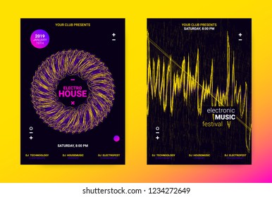 Techno Music Poster. Wave Flyer for Dance Event Promotion. Banner for Techno Sound Performance. Electronic Equalizer Concept and Amplitude of Distorted Lines. Announcement of Techno Music Night Party.
